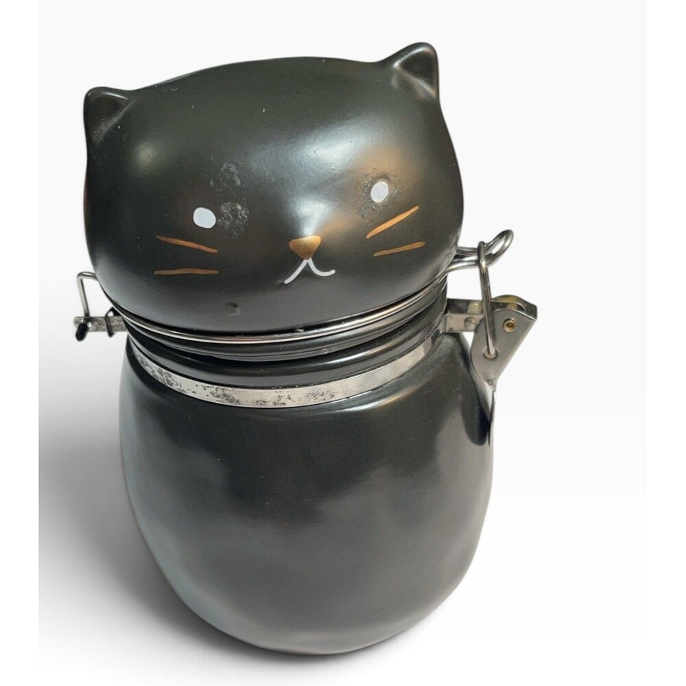 Cat Shaped Ceramic Kitchen Canister Jar w/ Metal Clamp Lid black.